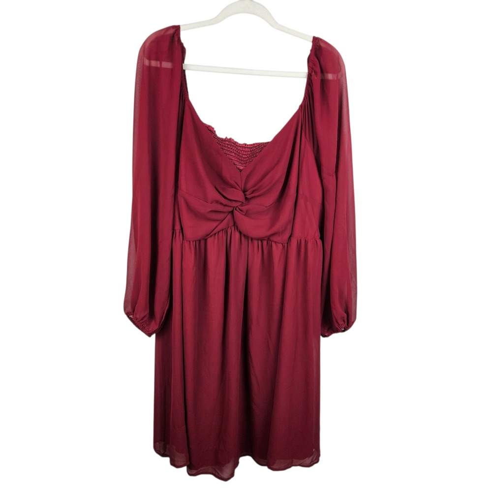 Pinup Fashion Plus Size 26W Dress Long Sleeve Burgundy‎ Smocked Sweetheart
